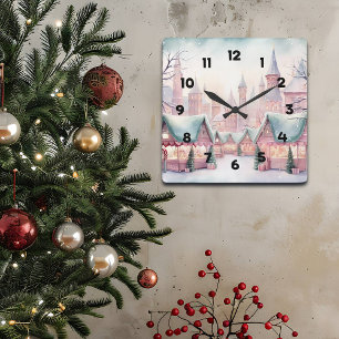 Minze und rosa Gemütlicher Weihnachtsmarkt - Winte Quadratische Wanduhr