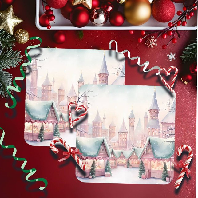 Minze und rosa Gemütlicher Weihnachtsmarkt - Winte Rechteckiger Pappuntersetzer (Von Creator hochgeladen)