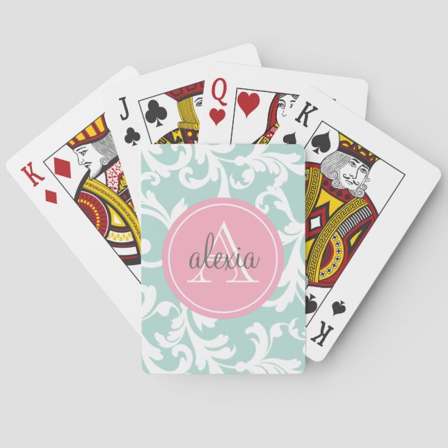 Minze und rosa Mit Monogramm Damaskus drucken Spielkarten (Rückseite)