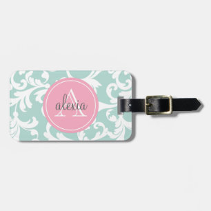 Minze und Rosa-mit Monogramm Damast-Druck Gepäckanhänger