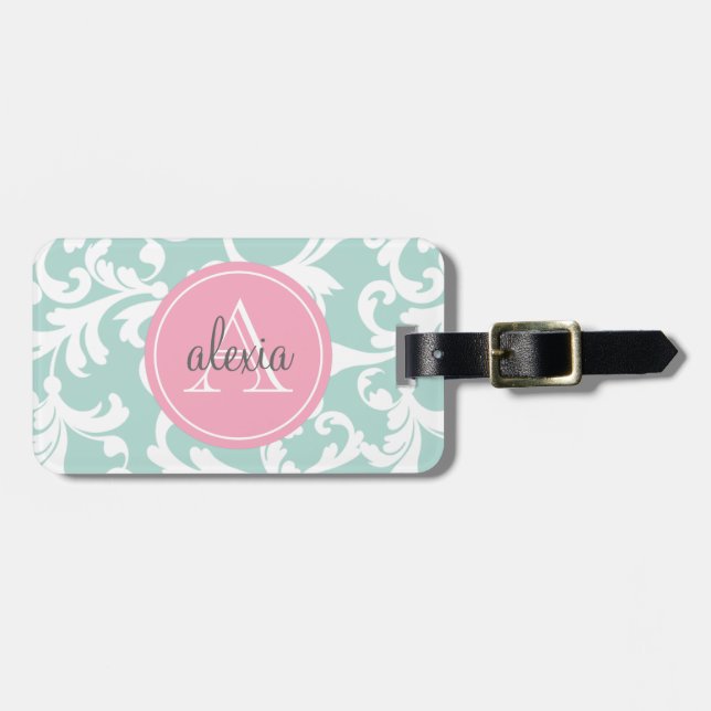 Minze und Rosa-mit Monogramm Damast-Druck Gepäckanhänger (Vorderseite horizontal)