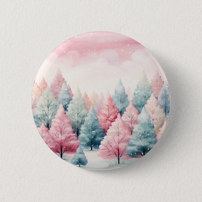 Minze und rosa Tannenbäume Winterlandschaft Button (Vorderseite)