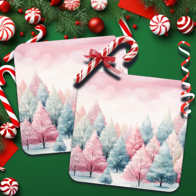 Minze und rosa Tannenbäume Winterlandschaft Getränkeuntersetzer (Von Creator hochgeladen)