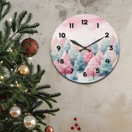 Minze und rosa Tannenbäume Winterlandschaft Große Wanduhr