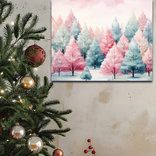 Minze und rosa Tannenbäume Winterlandschaft Poster