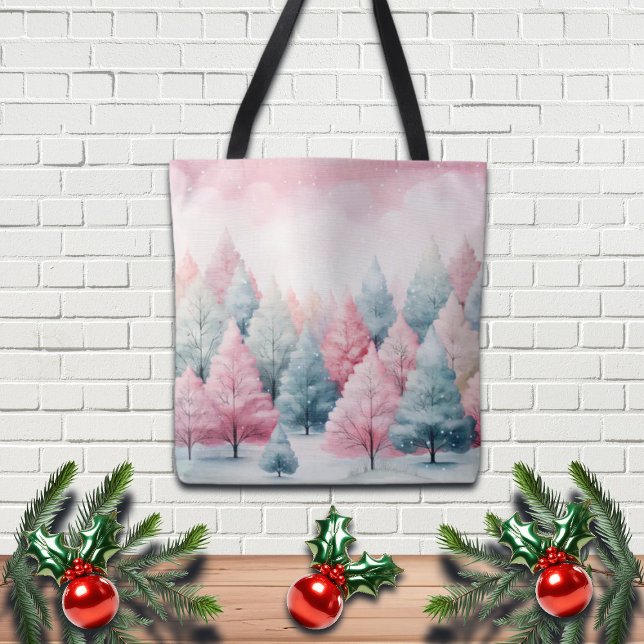 Minze und rosa Tannenbäume Winterlandschaft Tasche (Von Creator hochgeladen)