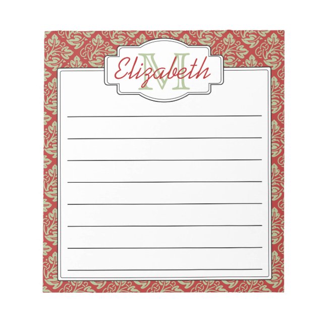 Minze und rote Monogramm Baum des Lebensmusters Notizblock (Vorderseite)