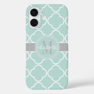 Minze   weiß   Monogram, Graue Quatrefolie iPhone 16 Hülle