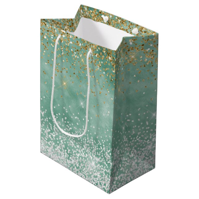Minze White Glam Gold Sparkle Glitzer Mittlere Geschenktüte (Vorderseite Schrägansicht)