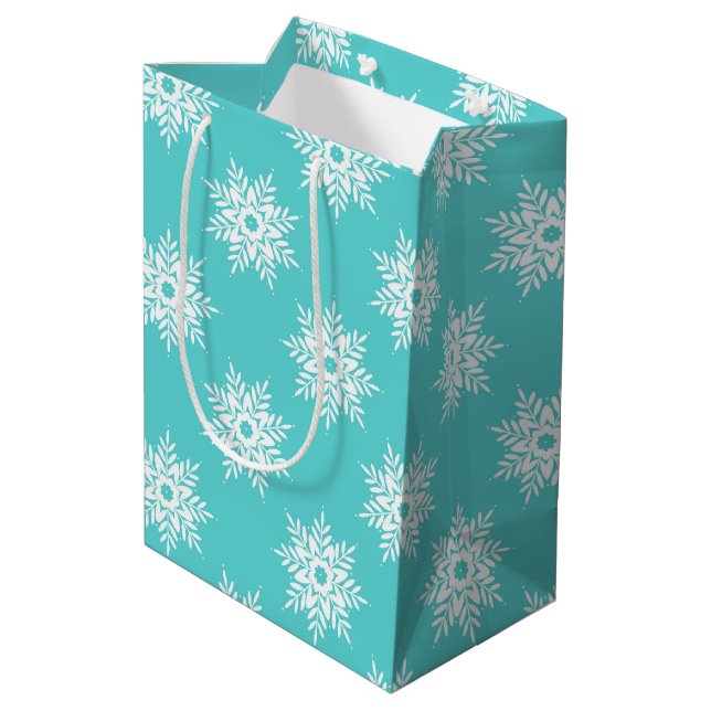 Minze White Snowflake Muster Mittlere Geschenktüte (Rückseite Schrägansicht)