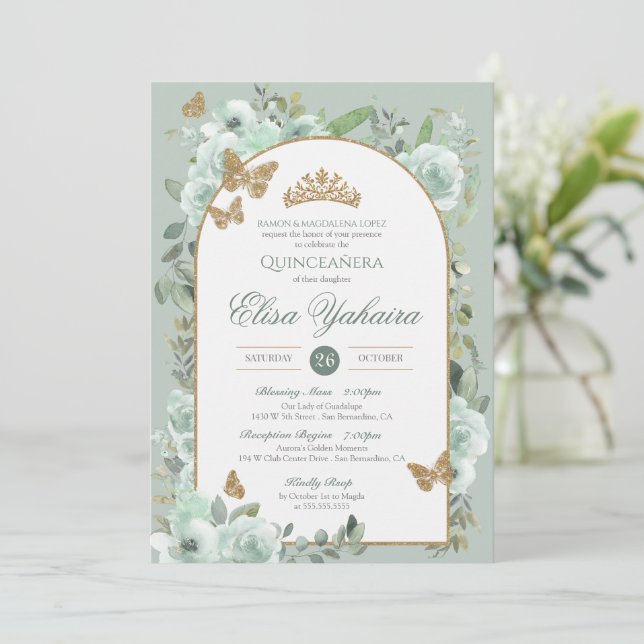 Minzensage Grüne Aquarellblume Quinceanera Einladung (Stehend Vorderseite)