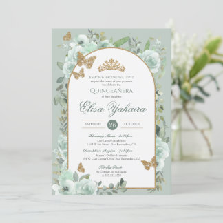 Minzensage Grüne Aquarellblume Quinceanera Einladung