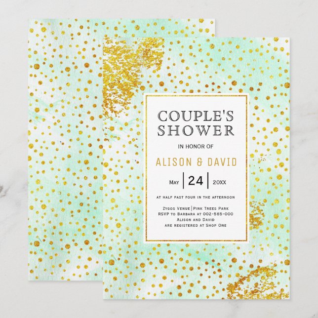 Minzgrün Aquarell Goldverheiratete Paare Dusche Einladung (Vorne/Hinten)