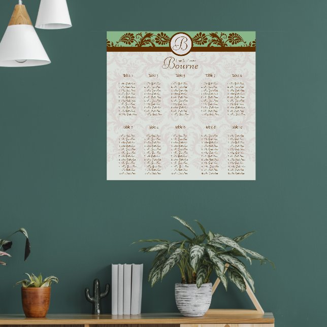 Minzgrün-braune Damaskatsitzkarte 10 Tische Poster (Wohnzimmer 1)