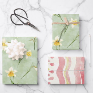 Minzgrün gelbe weiße Narzissenblumen Geburtstag Geschenkpapier Set