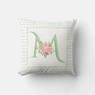 Minzgrün-Monogramm, Rose und Polka-Punkte Kissen