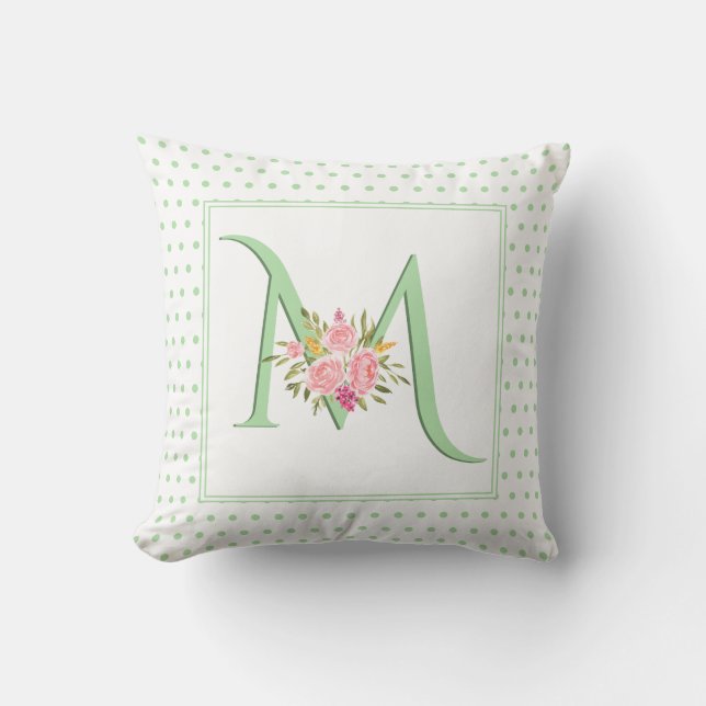 Minzgrün-Monogramm, Rose und Polka-Punkte Kissen (Vorderseite)