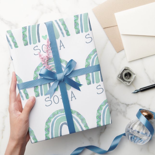 Minzgrün und blauer Boho Regenbogen Geschenkpapier (Schenken)