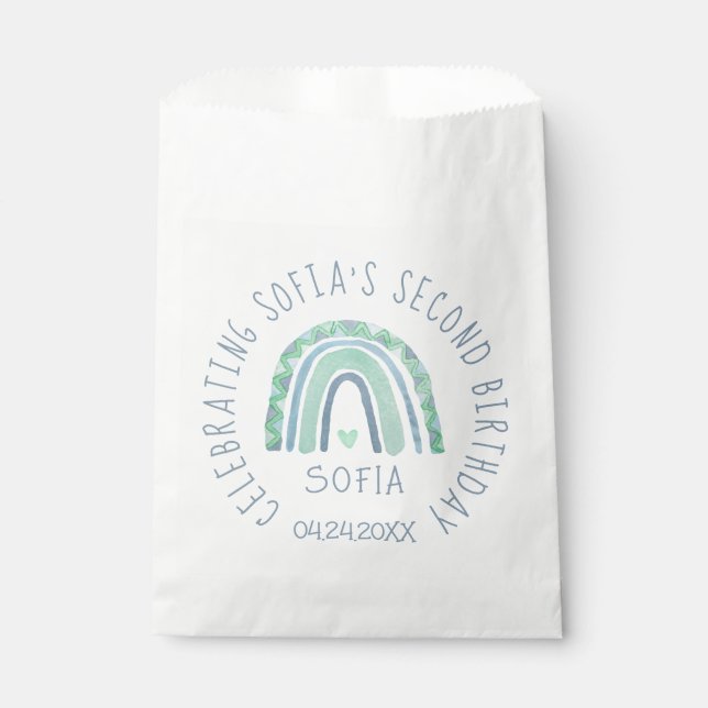 Minzgrün und blauer Boho Regenbogen Geschenktütchen (Vorderseite)