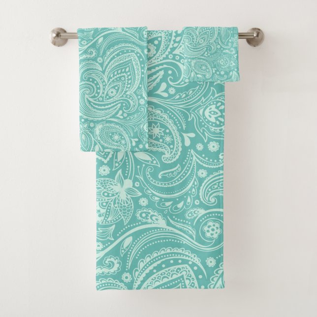 Minzgrün und türkisfarbenes Paisley-Muster Badhandtuch Set (Insitu)