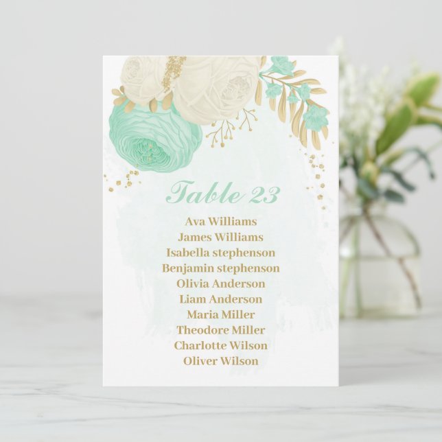 Minzgrün und weiße Blume, goldene Sitzkarte Einladung (Stehend Vorderseite)