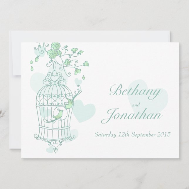Minzgrün Vögel öffnen Käfig Hochzeit Einladung (Vorderseite)