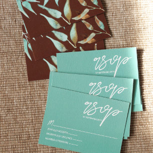 Minzgrüne, braune Blätter Hochzeit RSVP Karte