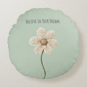 Minzgrüne Creme-Faux-Strickblume Rundes Kissen