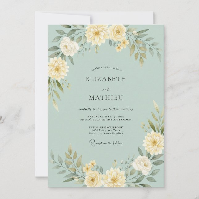 Minzgrüne florale Bogenhochzeit Einladung (Vorderseite)