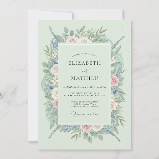 Minzgrüne Florale Hochzeit Einladung (Vorderseite)