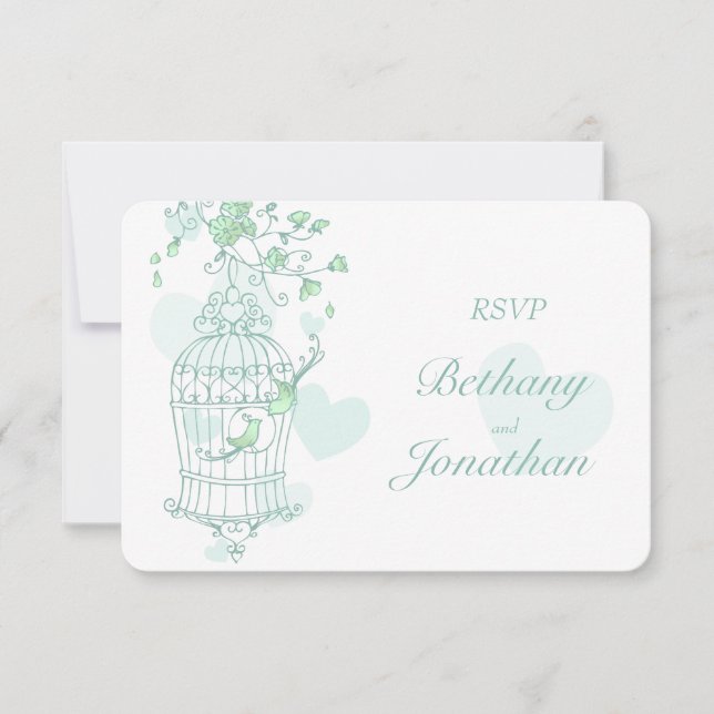 Minzgrüne Vögel öffnen Käfig Hochzeit RSVP Karte (Vorderseite)