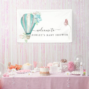 Minzige Florale Heißluftballon-Baby-Party Banner