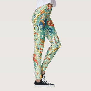 Minzkorallen, Blaues Pferd und Blumenmuster Leggings