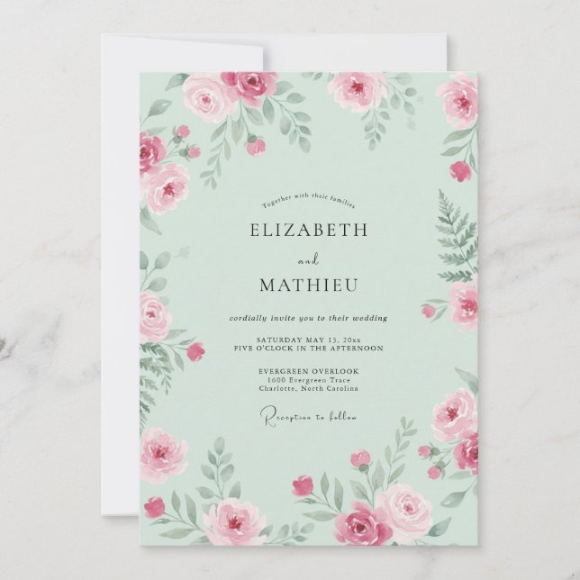 Minzpinke Hochzeit Einladung (Vorderseite)