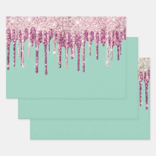 Minzrosa Rosa Eiscreme Glitzer Tropfen Geschenkpapier Set (Set)