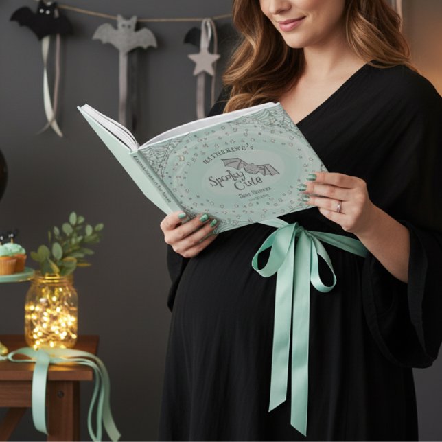 Minzspuke Niedliche Fledermäuse Halloween Kinderdu Gästebuch (Spooky Cute Halloween Baby Shower Mint Guest Book. Cute Drawings of Baby Bats, Stars, Moons & Webs)