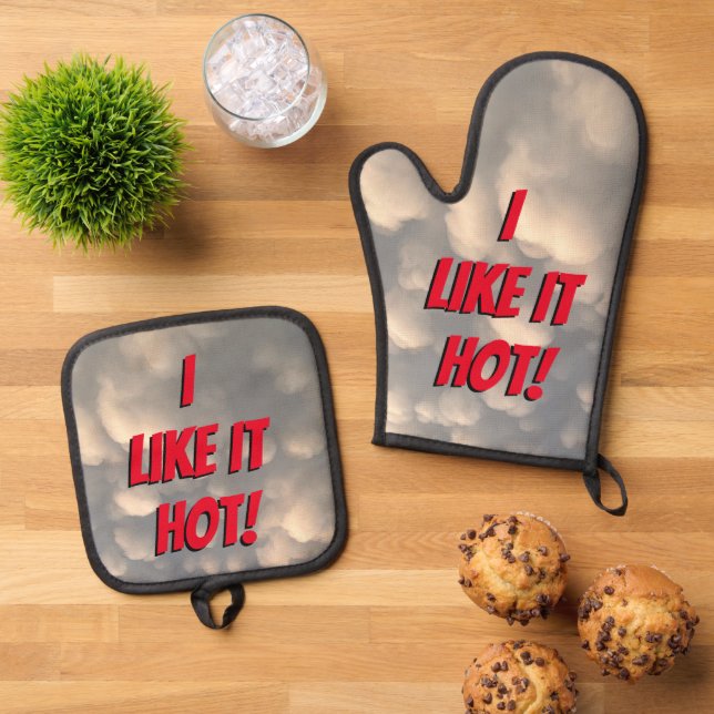 "Mir gefällt es heiß!" Ofenhandschuh & Topflappen-Set (Oben Unten)