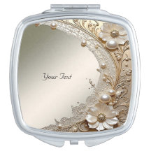 Miroir Compact Fleurs Blanches Perles Moderne
