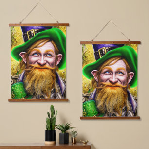 Mirthful Green and Gold St Patrick' Day Leprechaun Wandteppich Mit Holzrahmen