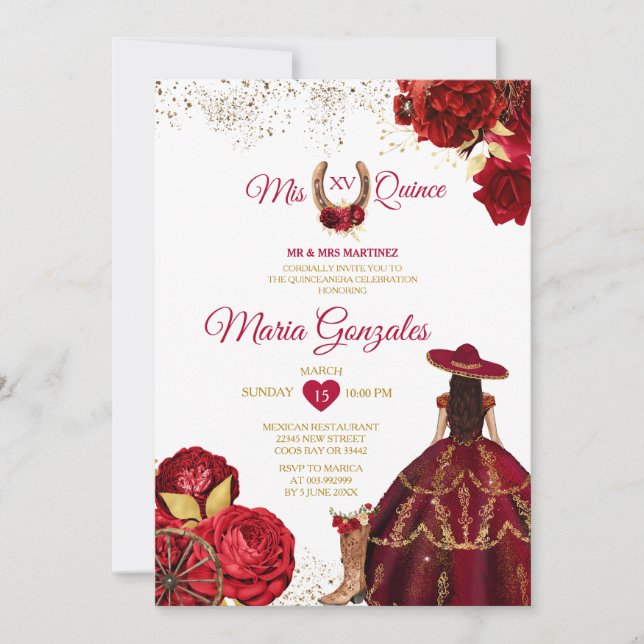 Mis Quince 15 Anos Rote Rosen Gold Crown Glitzer Einladung (Vorderseite)