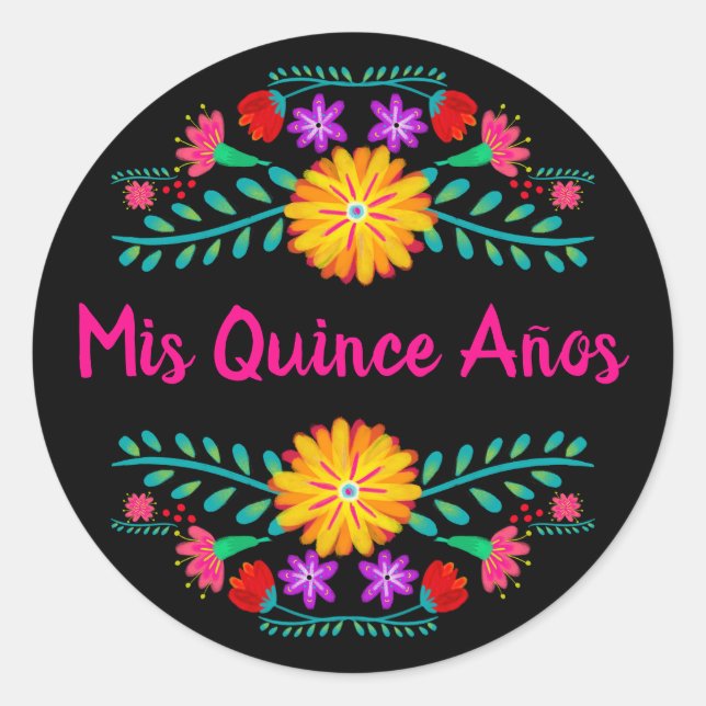 Mis Quince Anos Black Pink Mexican Fiesta Blume Runder Aufkleber (Vorderseite)
