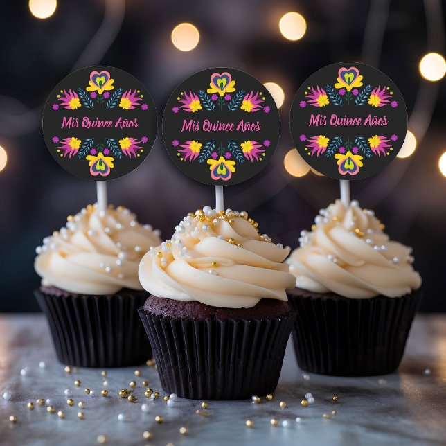 Mis Quince Anos Black Pink Yellow Mexican Fiesta Runder Aufkleber (Stickers, envelope seals, cupcake toppers .. from my Mexican Fiesta Party Quinceanera Collection 
)