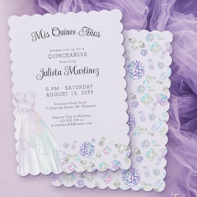 Mis Quince Anos Diamond Princess Lilac Quinceanera Einladung (Mis Quince Invitation with princess dress and diamonds)