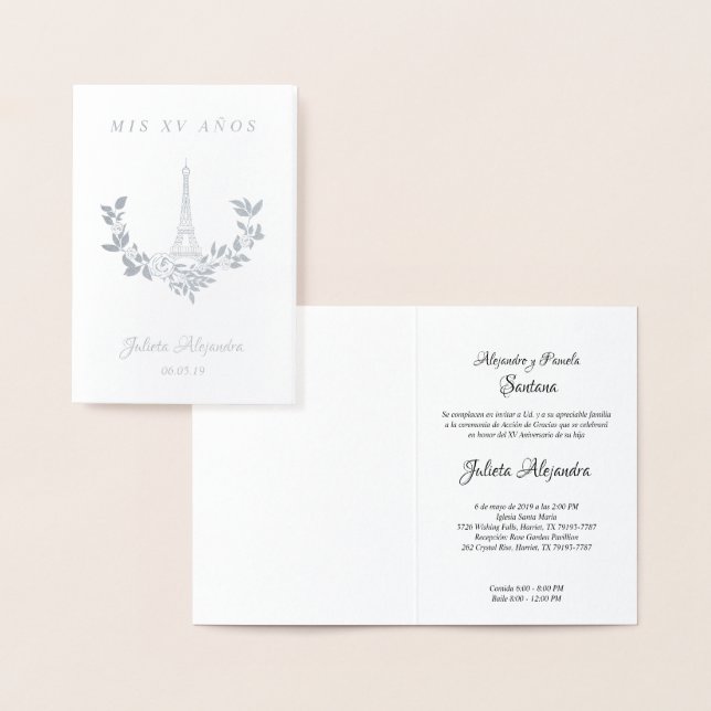 Mis Quince años Diseño Floral París Plata Folienkarte (Anzeige)