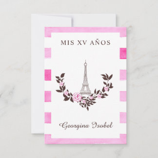 Mis Quince años Diseño Floral París Rayas Rosa Dankeskarte