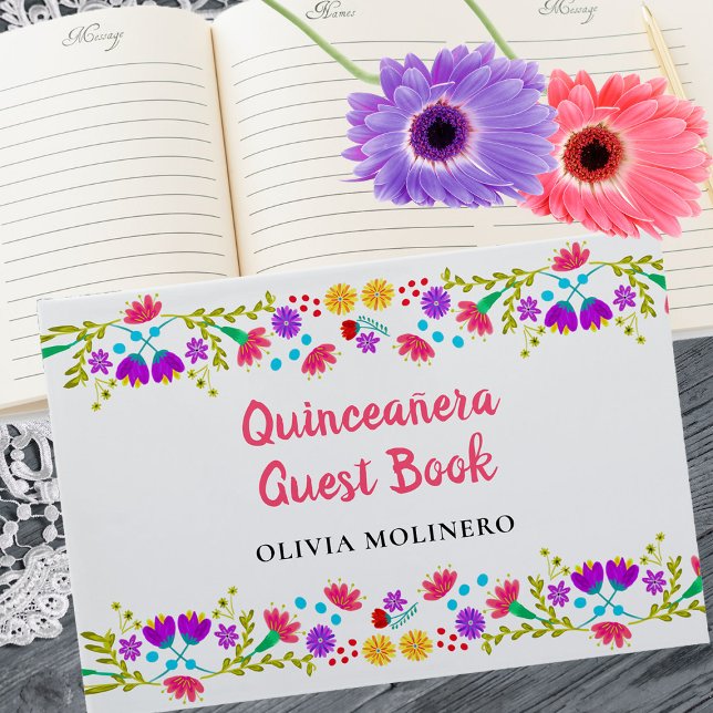 Mis Quince Anos Floral Mexican Fiesta Quinceanera Gästebuch (Guest Book from my Mexican Fiesta Flowers Quinceanera Collection)