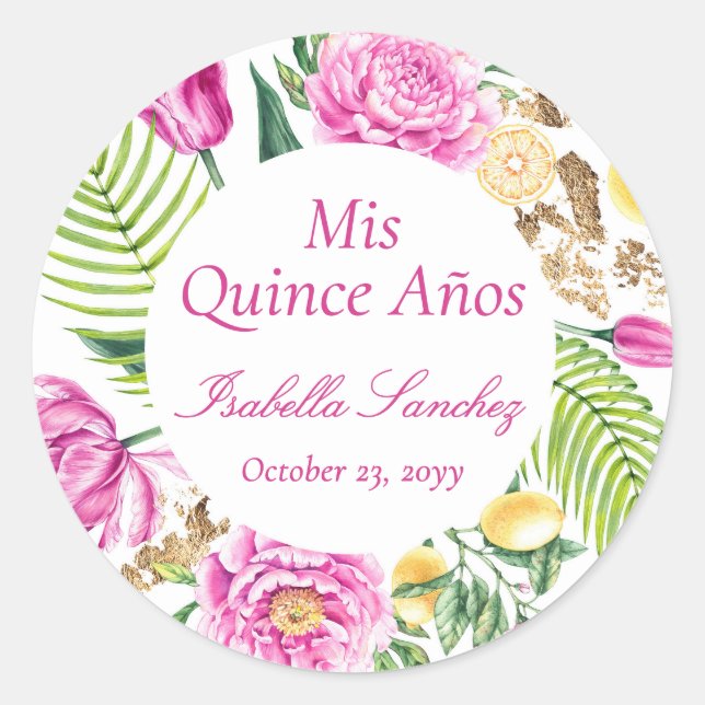 Mis Quince Años Floral Peonies Lemons Quinceañera  Runder Aufkleber (Vorderseite)