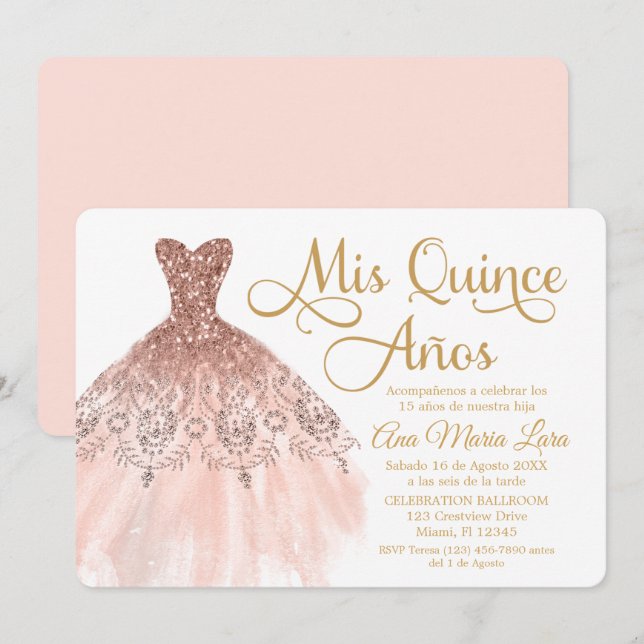 Mis Quince Años Invitación de Quinceañera Rosada Einladung (Vorne/Hinten)