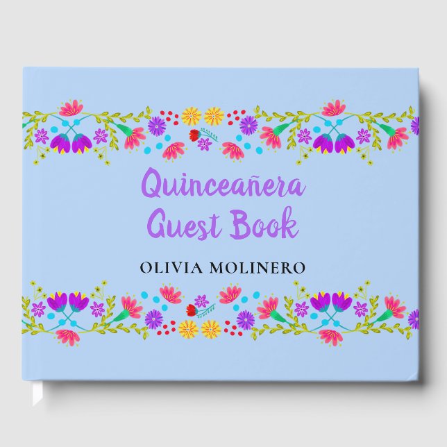 Mis Quince Anos Light Blue Floral Quinceanera Gästebuch (Vorderseite)
