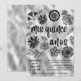 Mis Quince Años Modern Silver Floral Quinceañera Einladung
